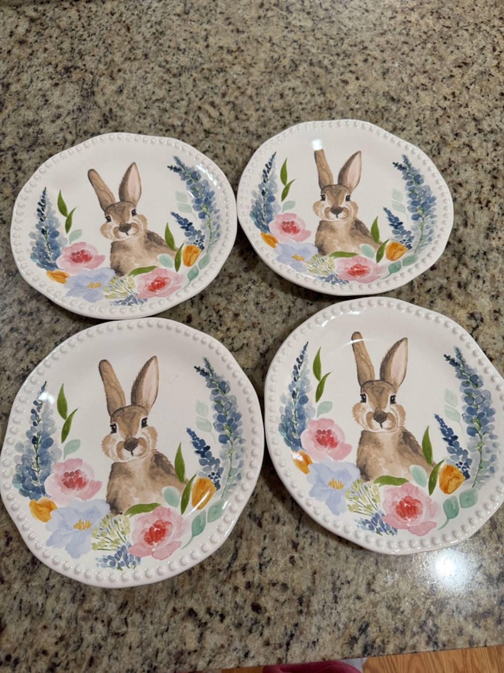 Set of 4 Bunny Floral Ceramic Plates - Pastel Spring Colors